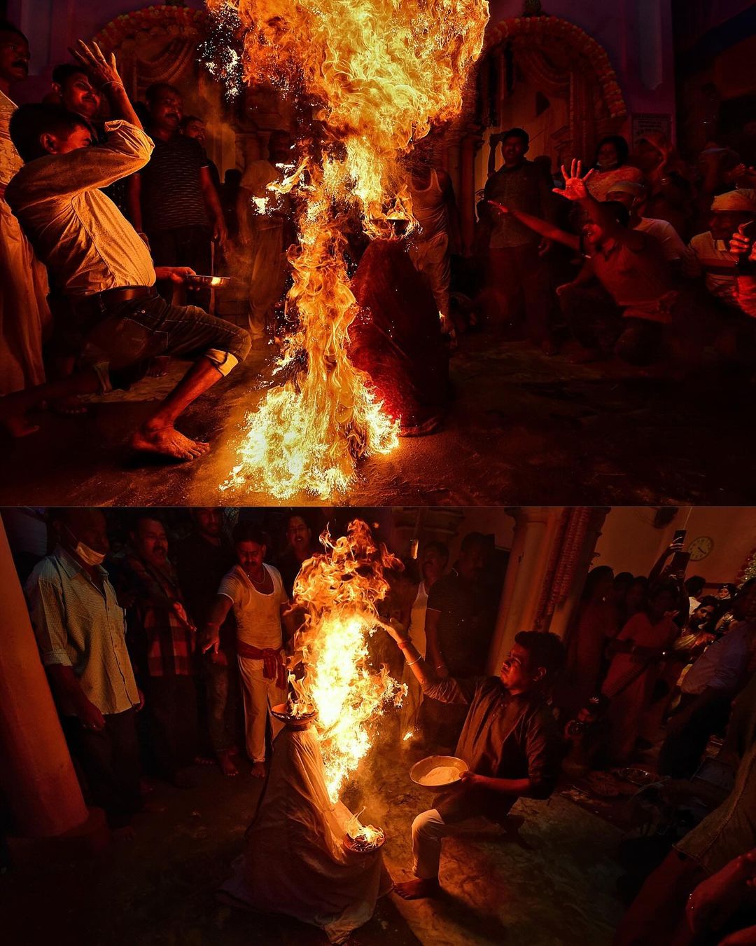 Jagaddhatri Puja,Woman,holds,burning,earthen pots,offer,prayers,Bengali rituals,Dhuno Porano,Jagadhatri Puja,Krishnanagar,West Bengal,Jagadhatri Puja 2023,Krishnanagar Jagadhatri Puja 2023